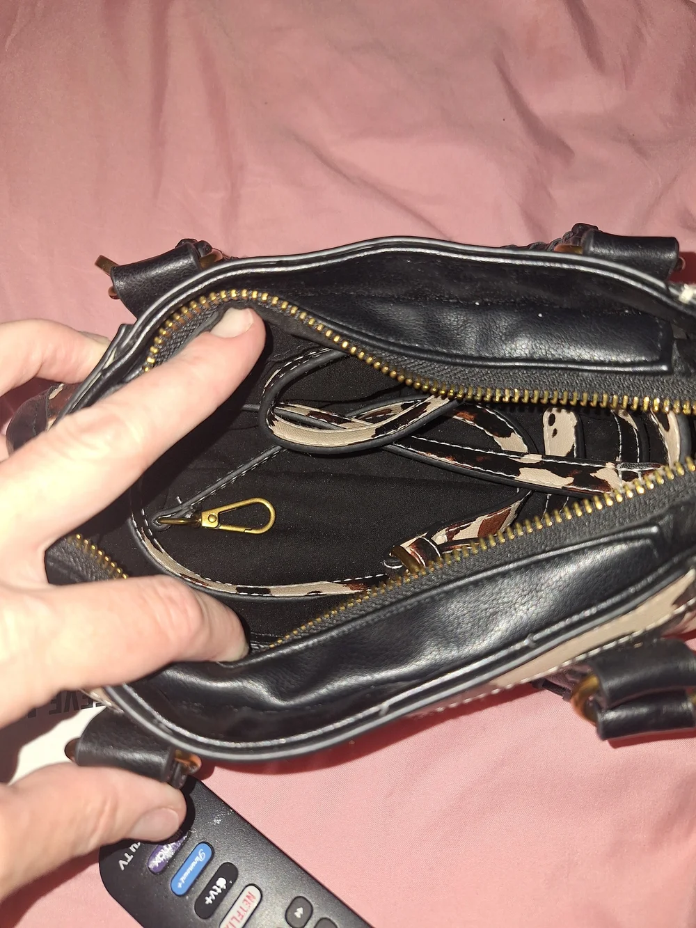 Steve Madden Black and Cream Cow Print Satchel